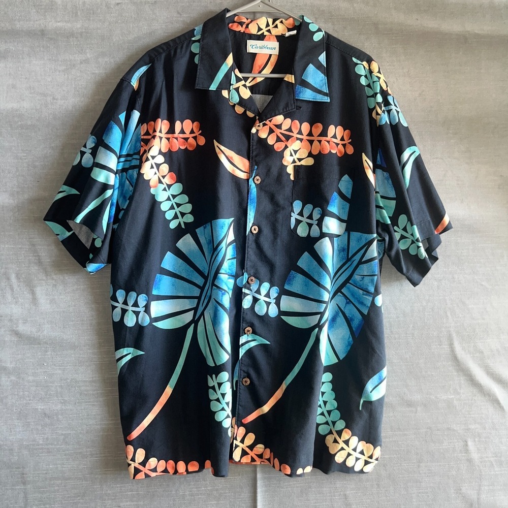 Caribbean Navy Blue Tropical Shirt XL Leaf‎ Print Button Front Cotton Blend